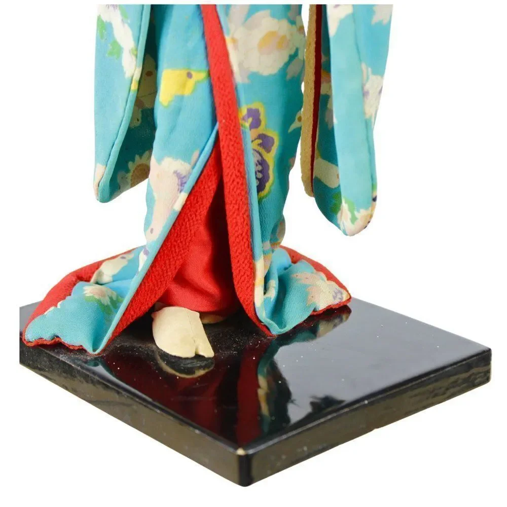 Vintage Japanese Geisha Doll Figurine in Traditional Turquoise Silk Crepe Kimono